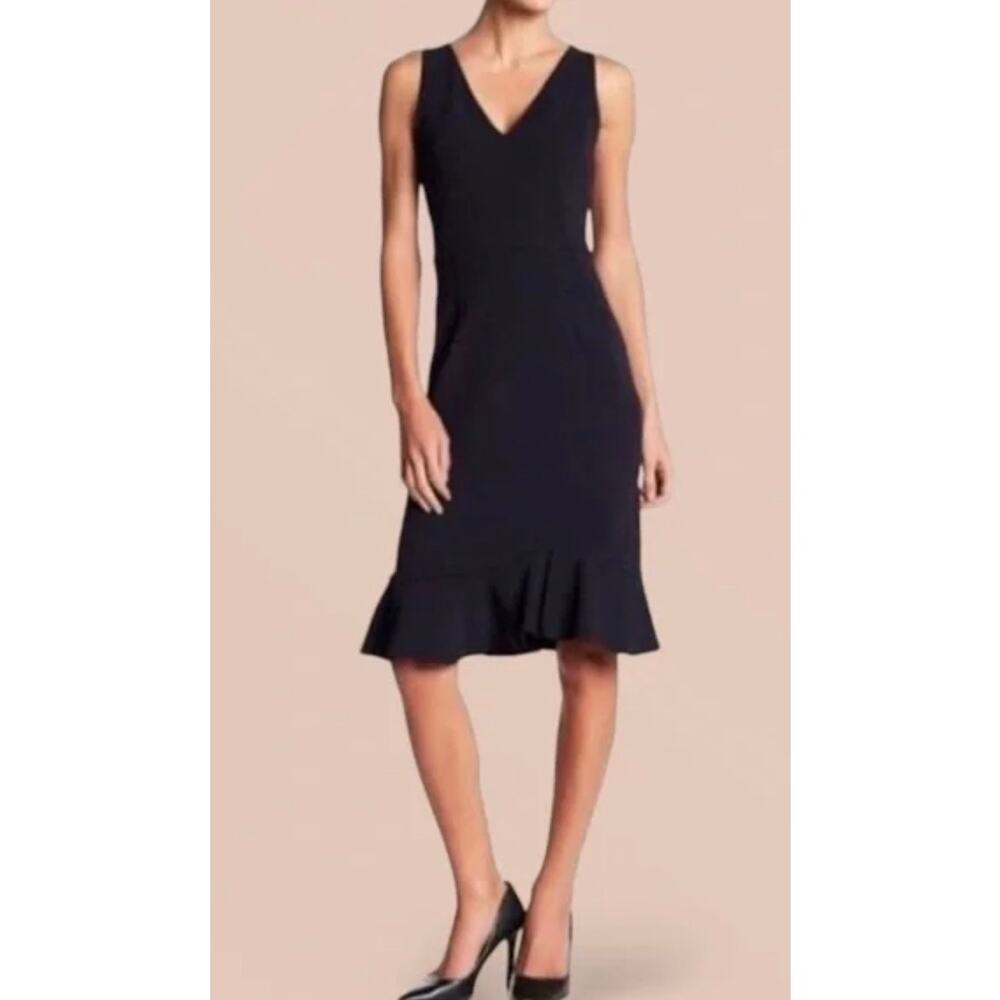 Betsey Johnson Black Scuba Crepe V Neck Sheath Dress with Ruffle Size 4